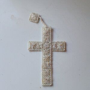 Vintage Cross Bookmark White and Gold Yarn On Plastic